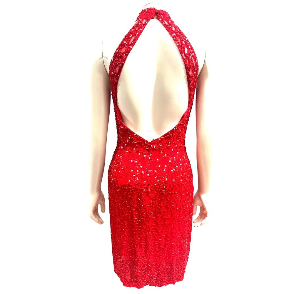 Niteline Della Roufogali Size 4 Red Beaded Silk Halter Open Back Gown Glamour - Picture 5 of 10